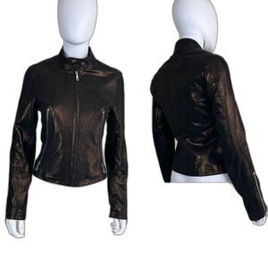 Kenna-T Womens Size XS Brown Gold Metallic Leather Moto Jacket Rockabilly Winter